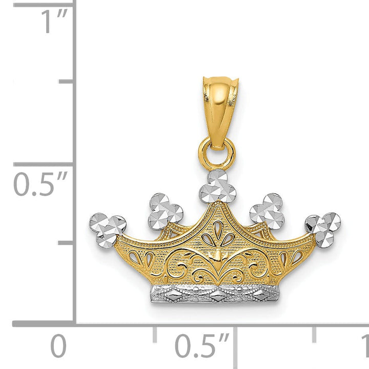 14k Yellow Gold White Rhodium Solid Textured Diamond Cut Polished Finish Crown Design Charm Pendant