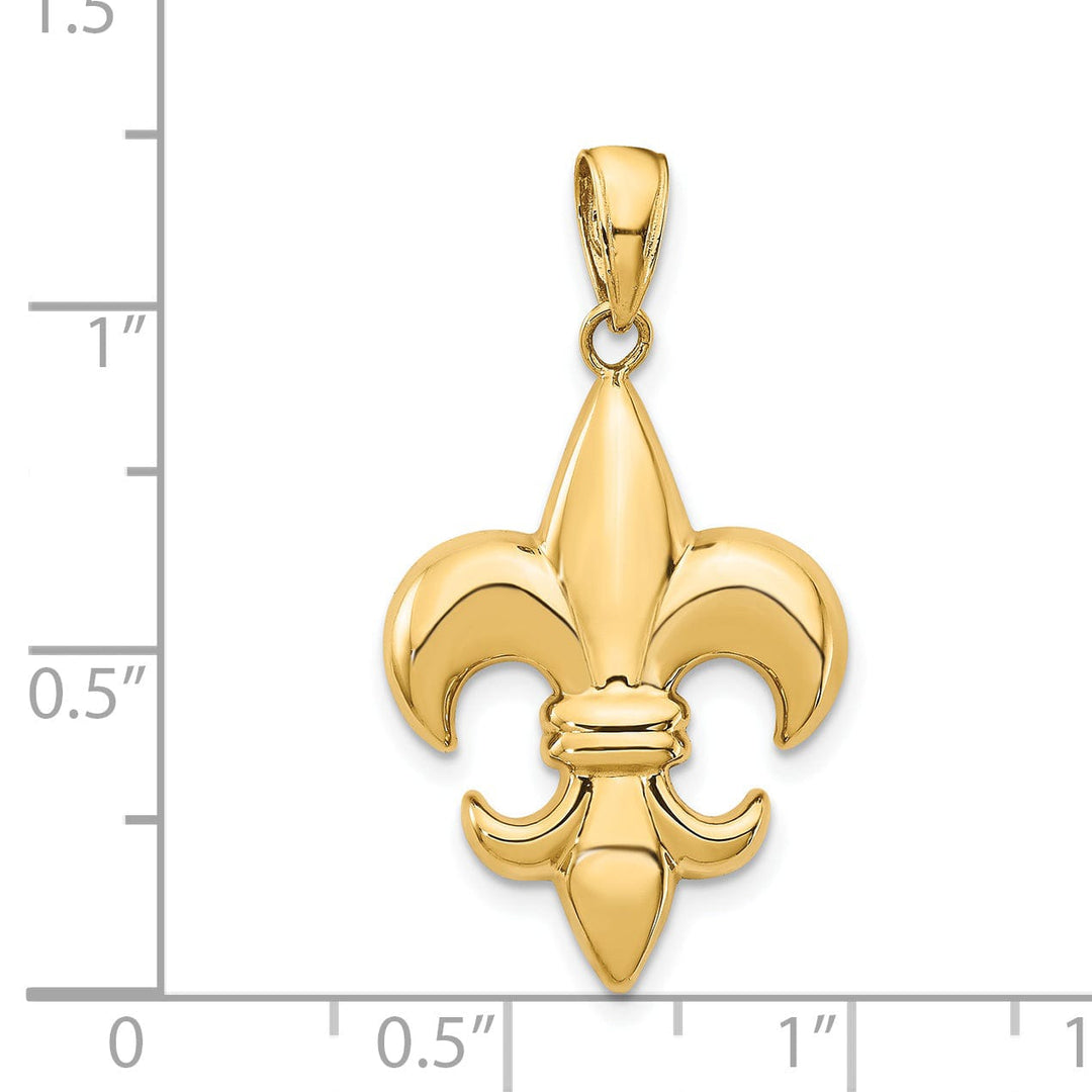 14k Yellow Gold Solid Polished Finish Concave Shape Medium Size Fleur-De-Lis Design Charm Pendant