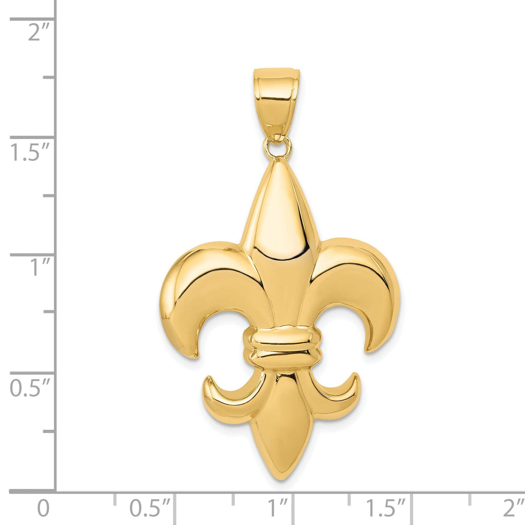 14k Yellow Gold Solid Polished Finish Concave Shape Large Size Fleur-De-Lis Design Charm Pendant