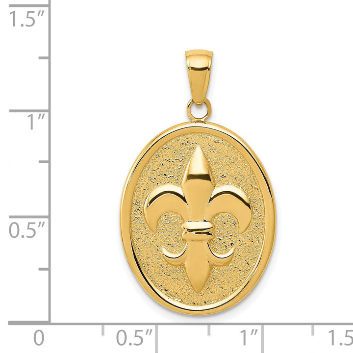 14k Yellow Gold Solid Textured Polished Finish Mens Fleur-De-Lis on Oval Disk Shape Charm Pendant