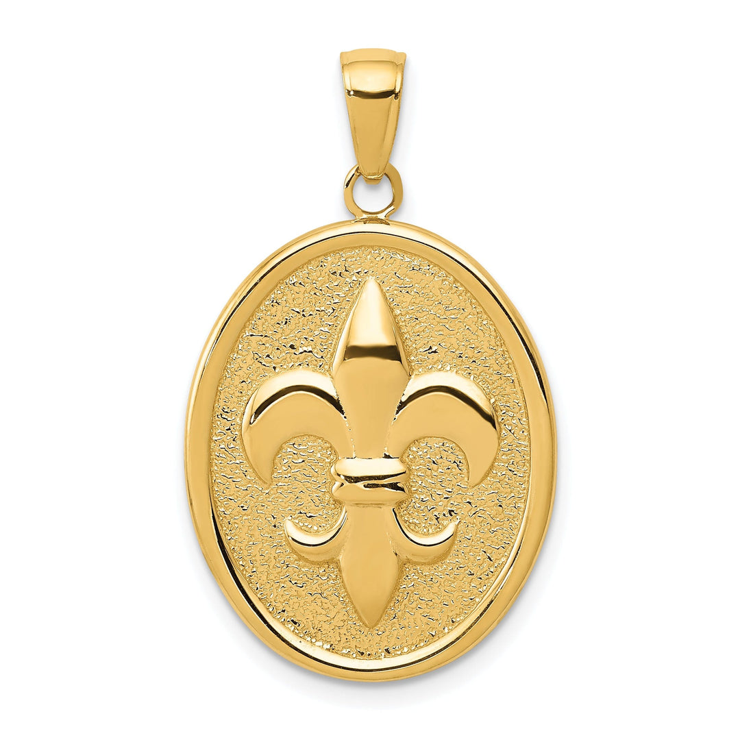 14k Yellow Gold Solid Textured Polished Finish Mens Fleur-De-Lis on Oval Disk Shape Charm Pendant