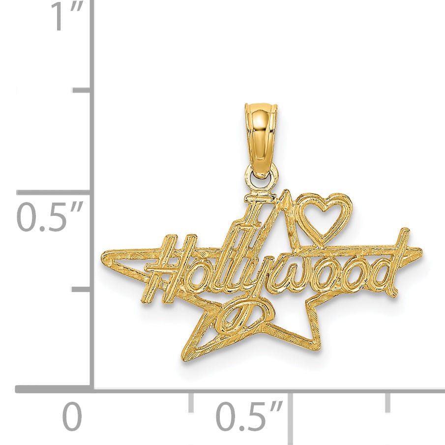 14k Yellow Gold Polished Textured Finish I HEART HOLLYWOOD Star Design Charm Pendant