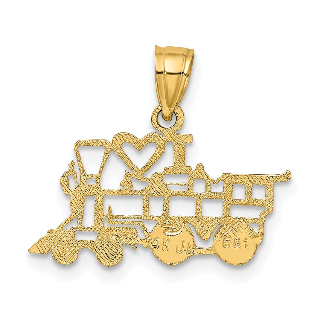 14k Yellow Gold Polished Textured Finish Cut Out Design I LOVE TRAINS Charm Pendant