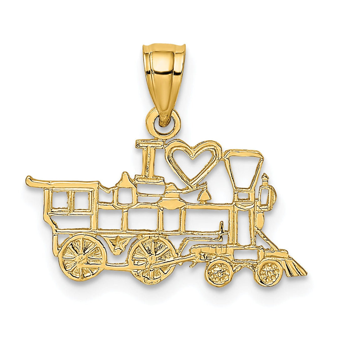 14k Yellow Gold Polished Textured Finish Cut Out Design I LOVE TRAINS Charm Pendant