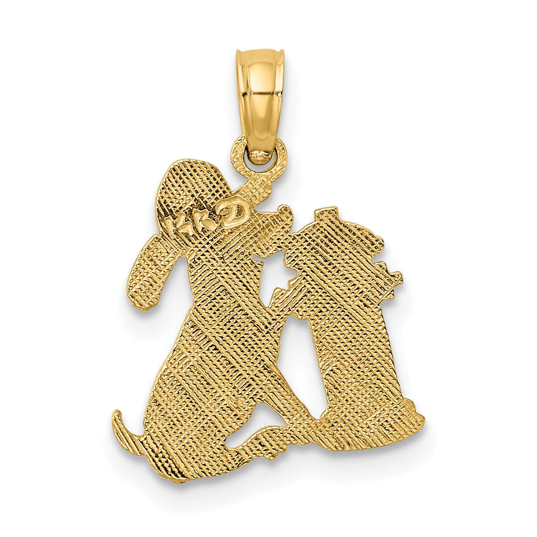 14k Yellow Gold Textured Polished Finish Fire Hydrant with Dog wearing Firefighters Hat Charm Pendant