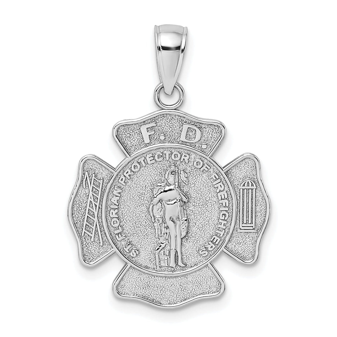 14k White Gold Textured Polished Finish Fire Department FD Saint Florian Badge Pendant
