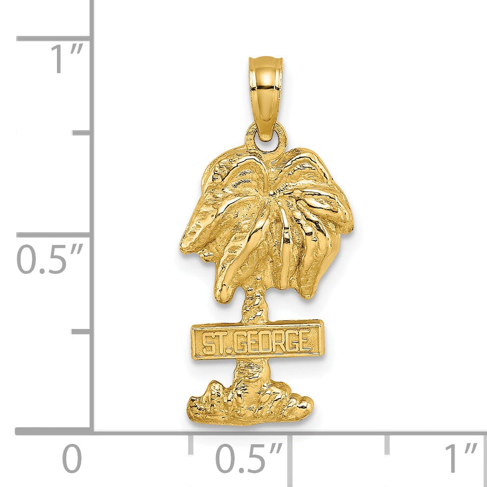14K Yellow Gold Polished Textured Finish Sanit GEORGE Banner Sign on Palm Tree Charm Pendant