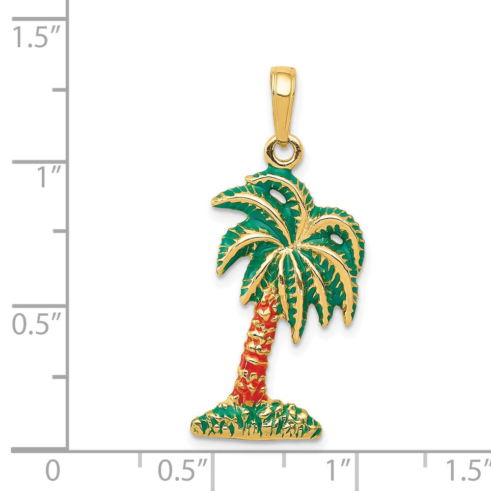 14k Yellow Gold Solid Multi-Color Enameled Finish Palm Tree Charm Pendant