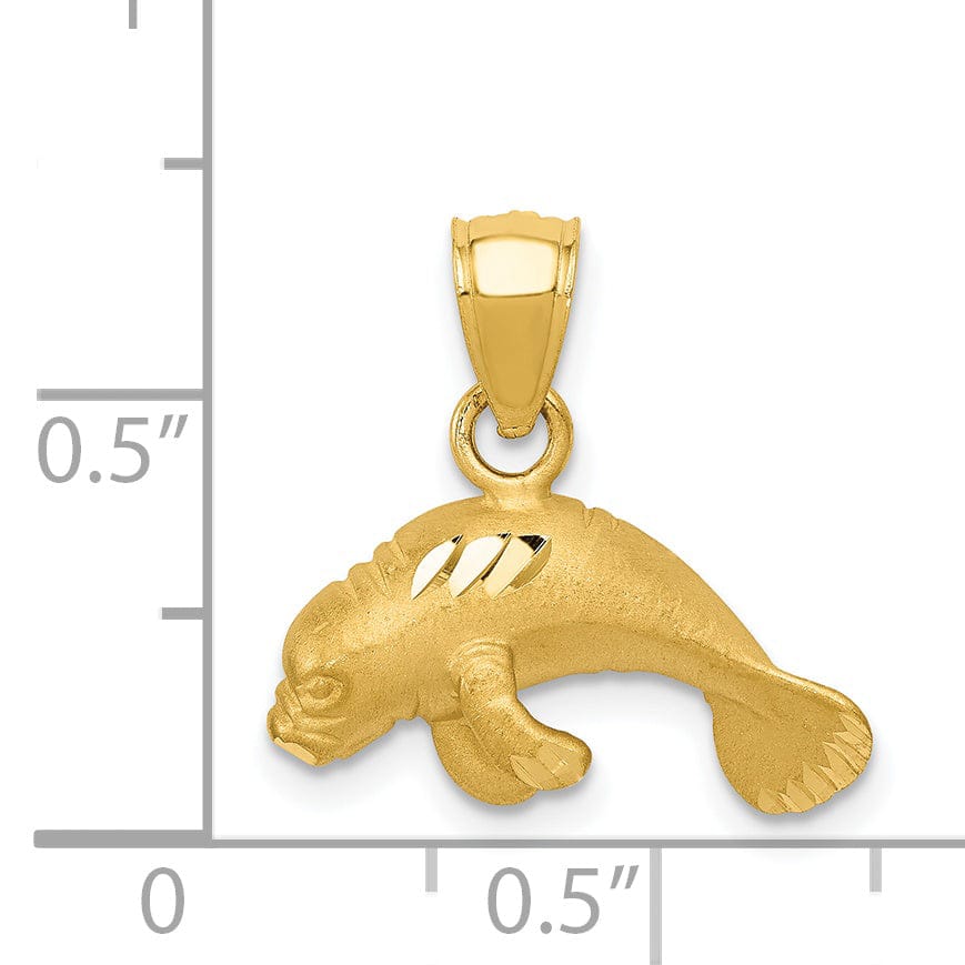 14K Yellow Gold Solid Satin Diamond Cut Finish Manatee Charm Pendant