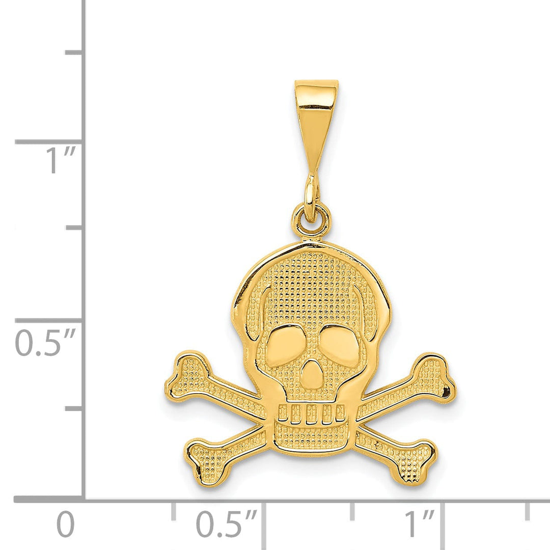 14K Yellow Gold Textured Polished Finish Skull and Bones Charm Pendant