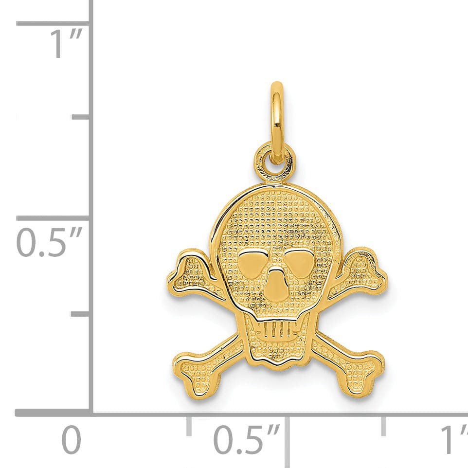 14K Yellow Gold Textured Polished Finish Solid Skull and Cross Bones Design Charm Pendant
