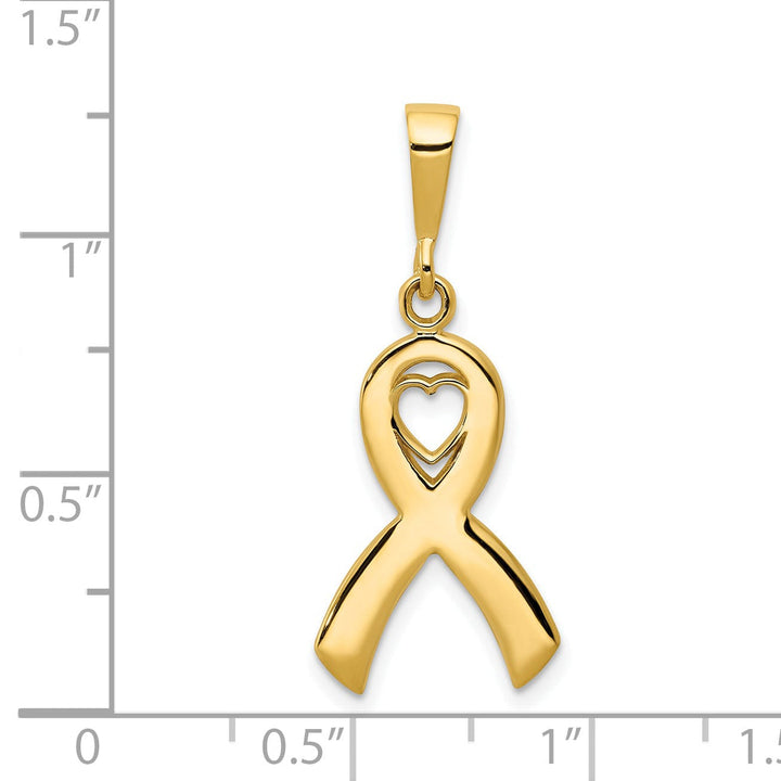14k Yellow Gold Textured Polished Finish Heart Design In Awareness Ribbion Charm Pendant