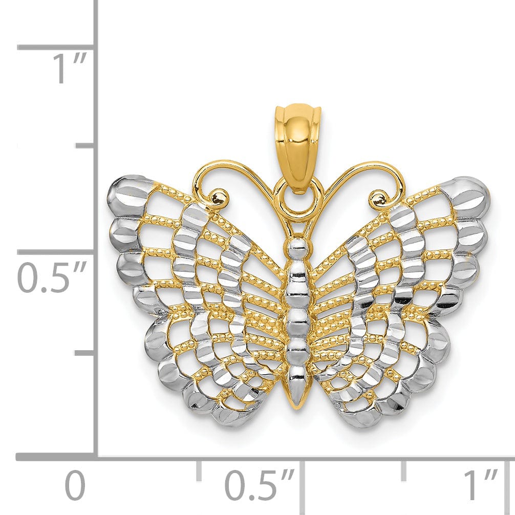 14k Two-tone Gold Casted Open Back Solid Polished Finish Diamond-cut Butterfly Charm Pendant