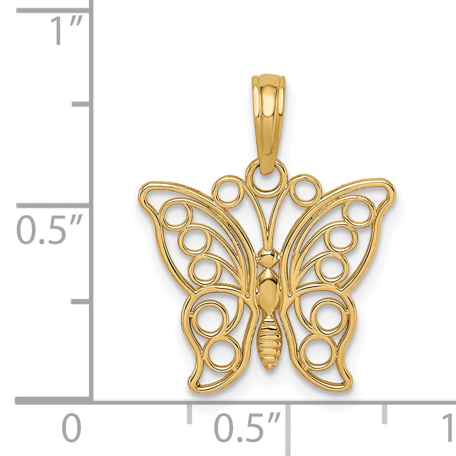 14K Yellow Gold Casted Open Back Filigree Solid Polished Finish Cut-out Butterfly Large Charm Pendant
