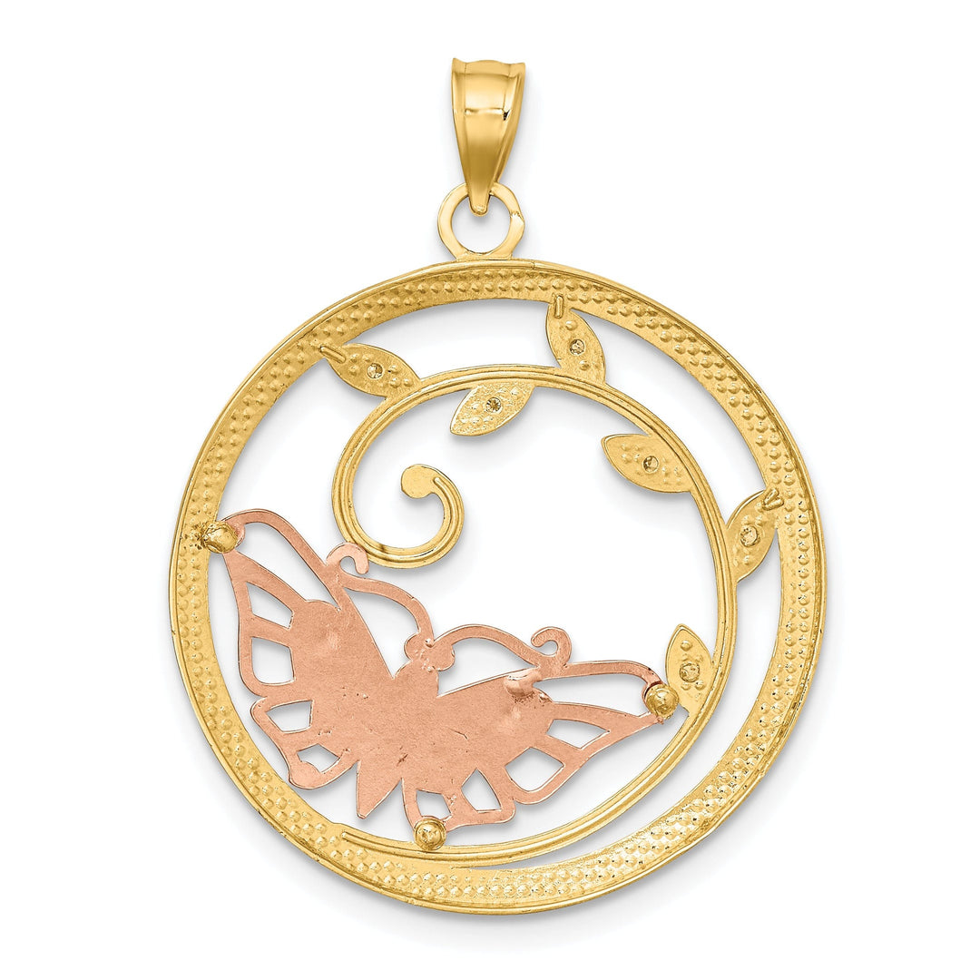 14k Two-tone Gold Casted Open Back Solid Polished Finish Butterfly in Circle Charm Pendant