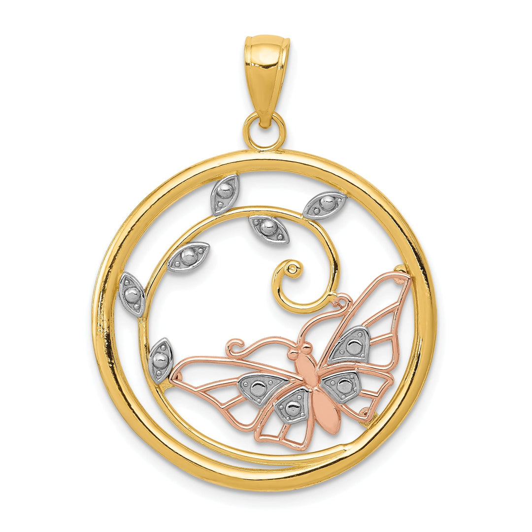 14k Two-tone Gold Casted Open Back Solid Polished Finish Butterfly in Circle Charm Pendant