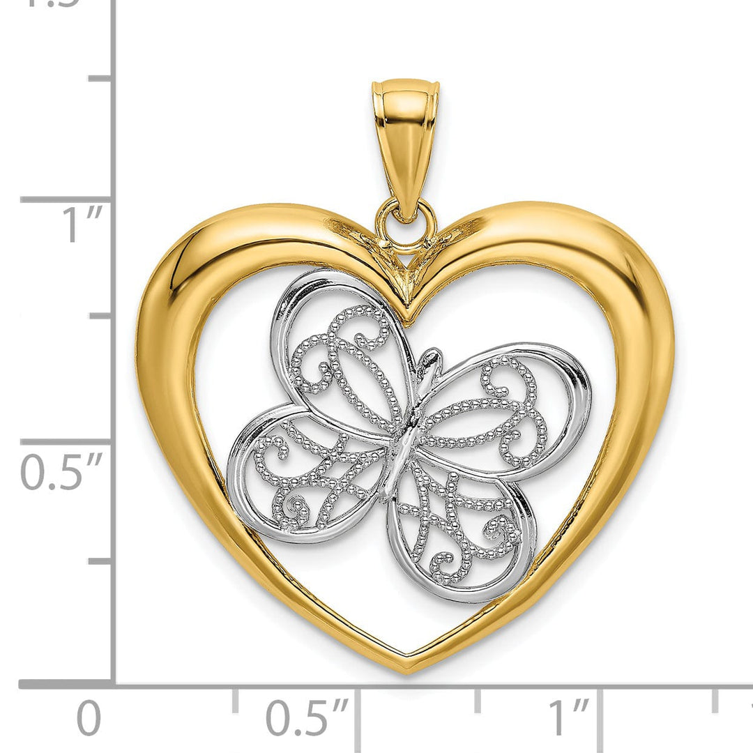 14k Two-tone Gold Textured Open Back Filigree Solid Polished Finish Butterfly in Heart Charm Pendant