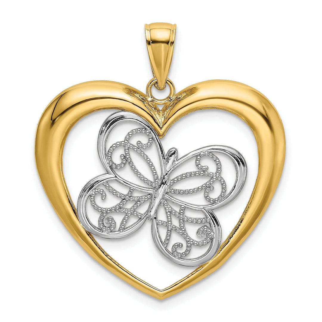 14k Two-tone Gold Textured Open Back Filigree Solid Polished Finish Butterfly in Heart Charm Pendant