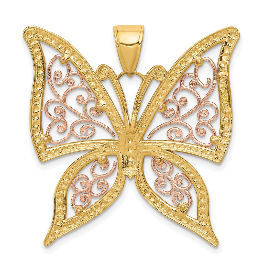 14k Two-tone Gold Open Back Casted Textured Solid Polished Finish Diamond-cut Butterfly Charm Pendant