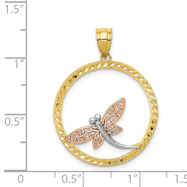 14K Two-Tone Gold White Rhodium Solid Open Back Polished Diamont Cut Finish Circle Shape Design Dragonfly Charm Pendant