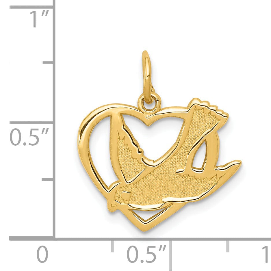 14k Yellow Gold Textured Polished Finish Heart Design Dove Bird Sign Of Peace Charm Pendent
