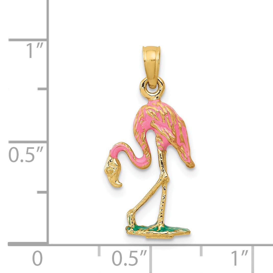 14k Yellow Gold Solid Polished with Pink, Green Enameled Finish Flamingo Charm Pendant