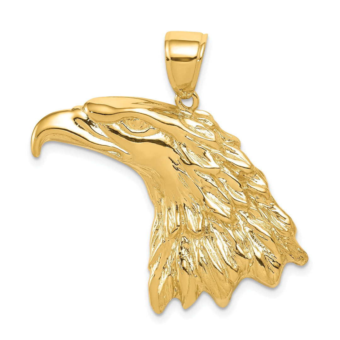 14k Yellow Gold Concave Solid Polished Textured Finish Mens Eagle Head Charm Pendant