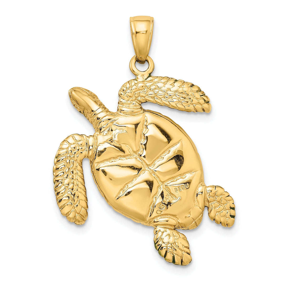 14k Yellow Gold 3D Solid Casted Textured and Polished Finish Enameled Sea Turtle Charm Pendant