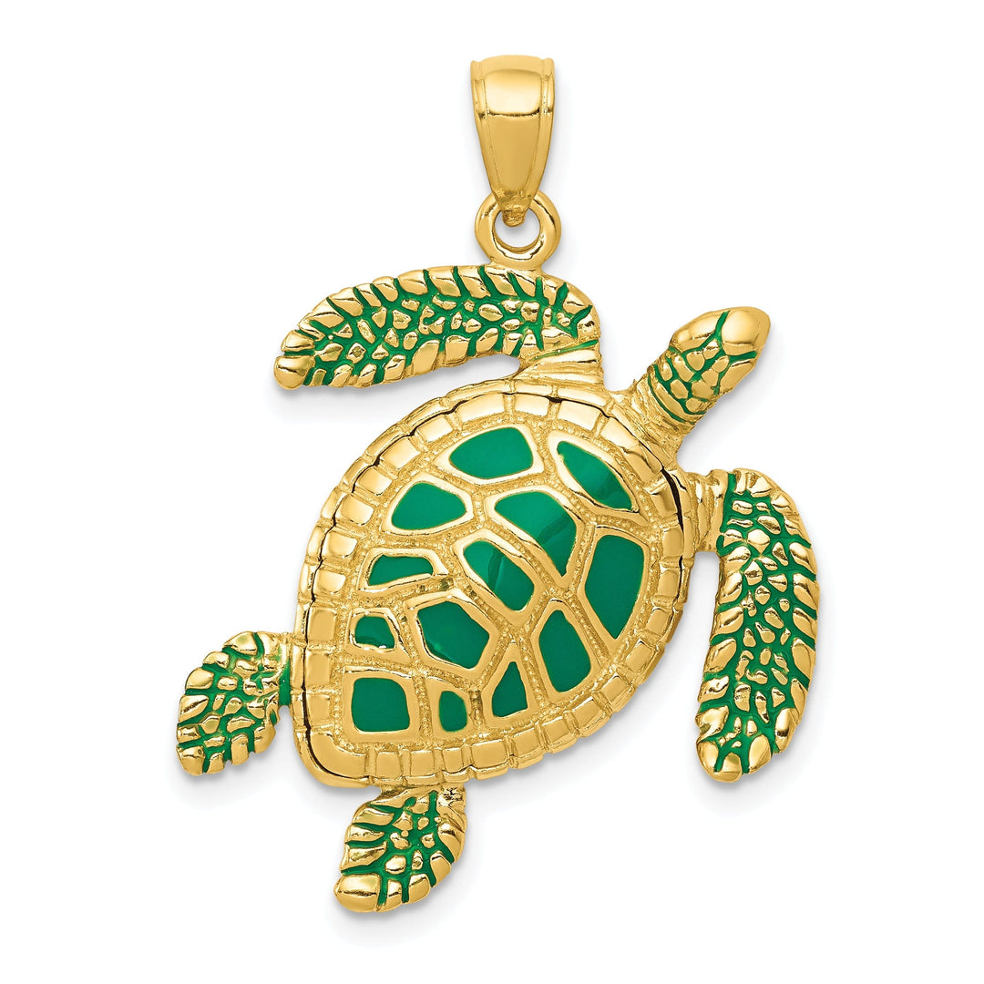 14k Yellow Gold 3D Solid Casted Textured and Polished Finish Enameled Sea Turtle Charm Pendant
