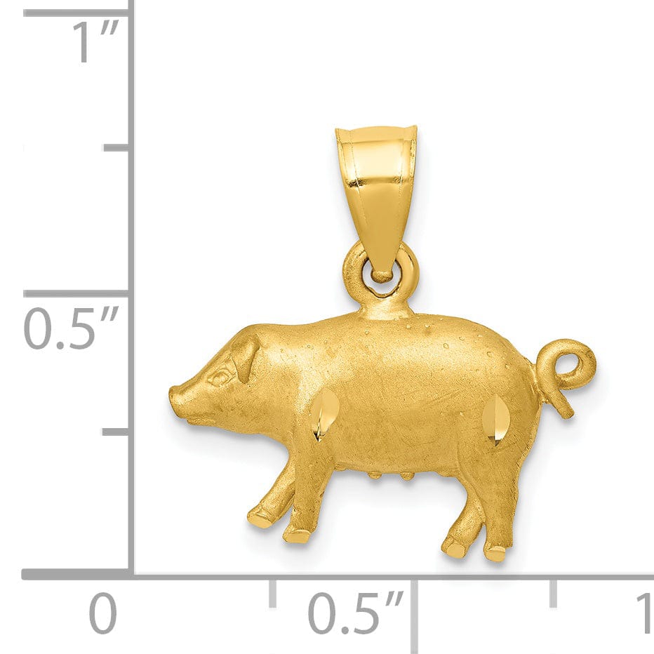 14K Yellow Gold Open Back Brushed Diamond Cut Finish Solid Pig Charm Pendant