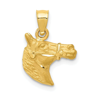 14k Yellow Gold Open Back Solid Diamond Cut Brushed Finish Horse Head Design Mens Charm Pendant