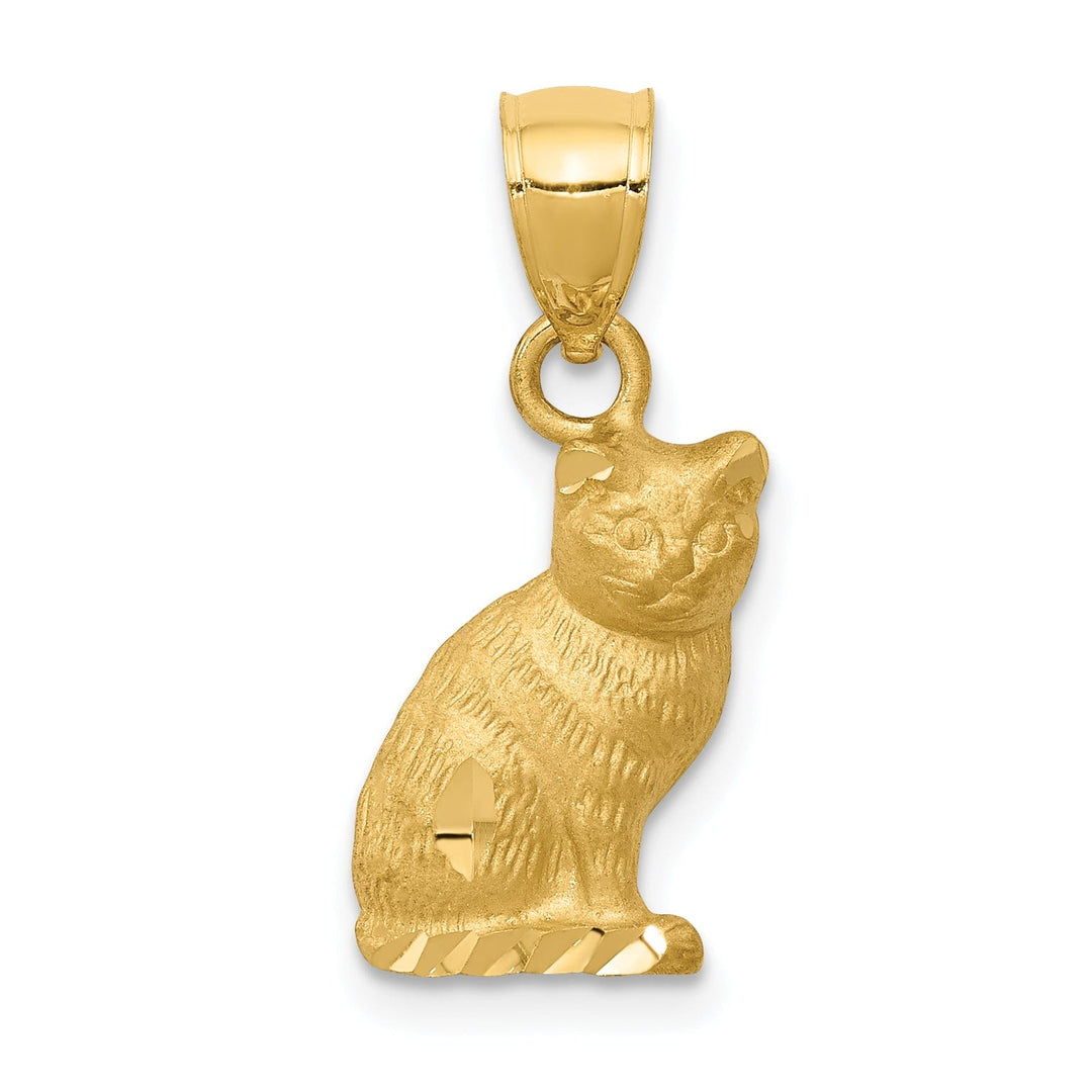 14K Yellow Gold Solid Brushed Diamond Cut Finish Cat Sitting Charm Pendant