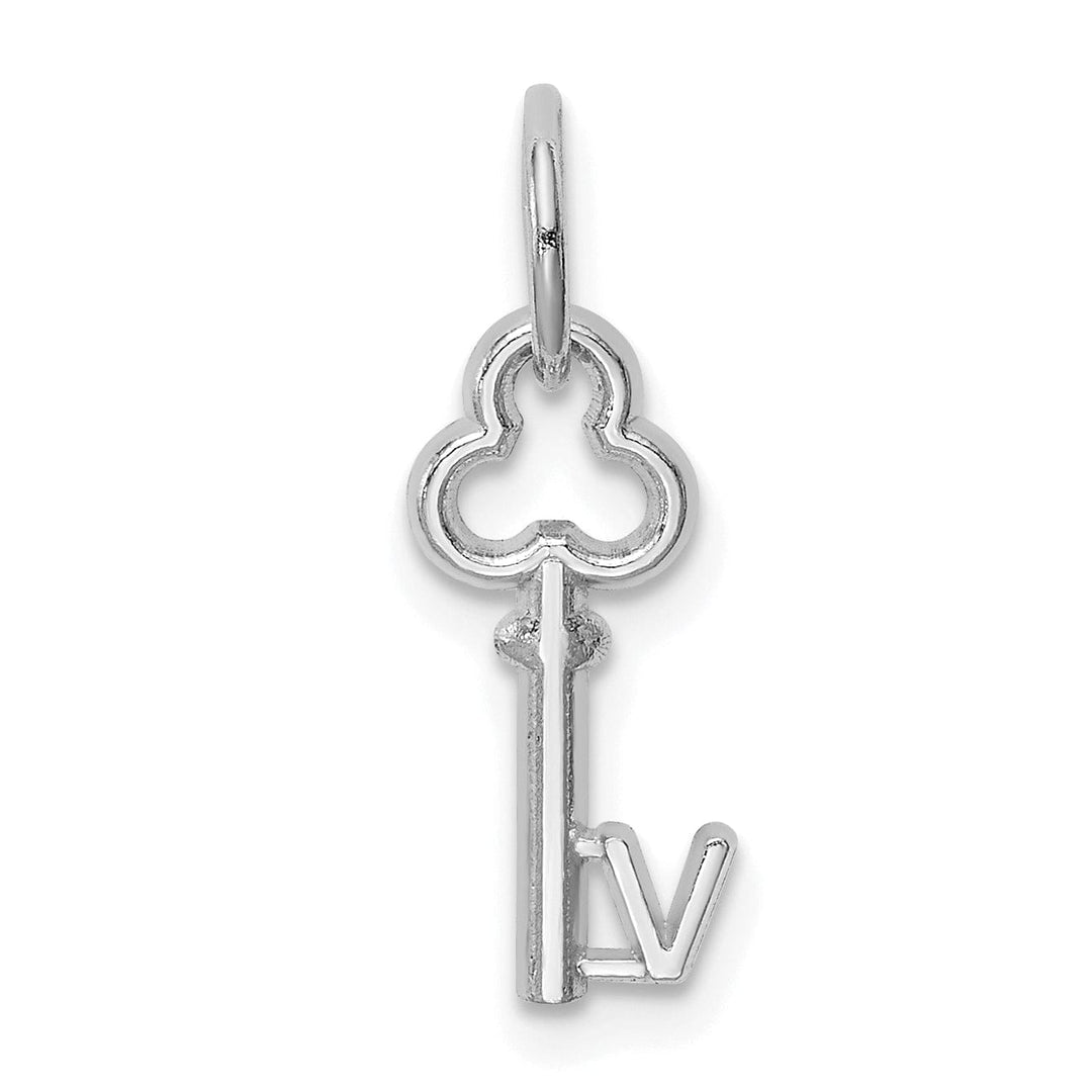 14K White Gold Fancy Key Shape Design Letter V Initial Charm Pendant