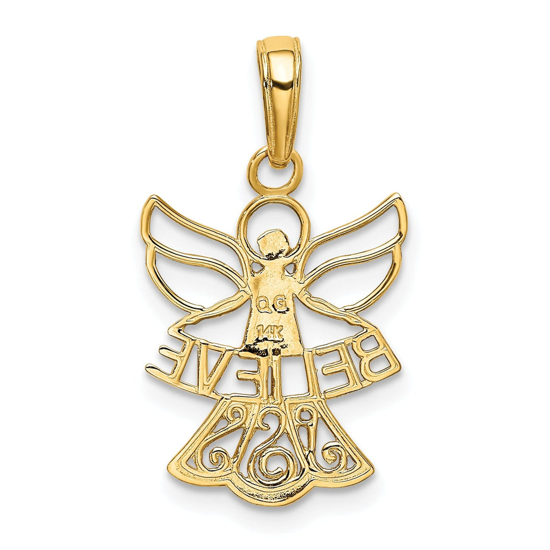 14K Yellow Gold White Rhodium Polished Concave BELIEVE Angel Pendant