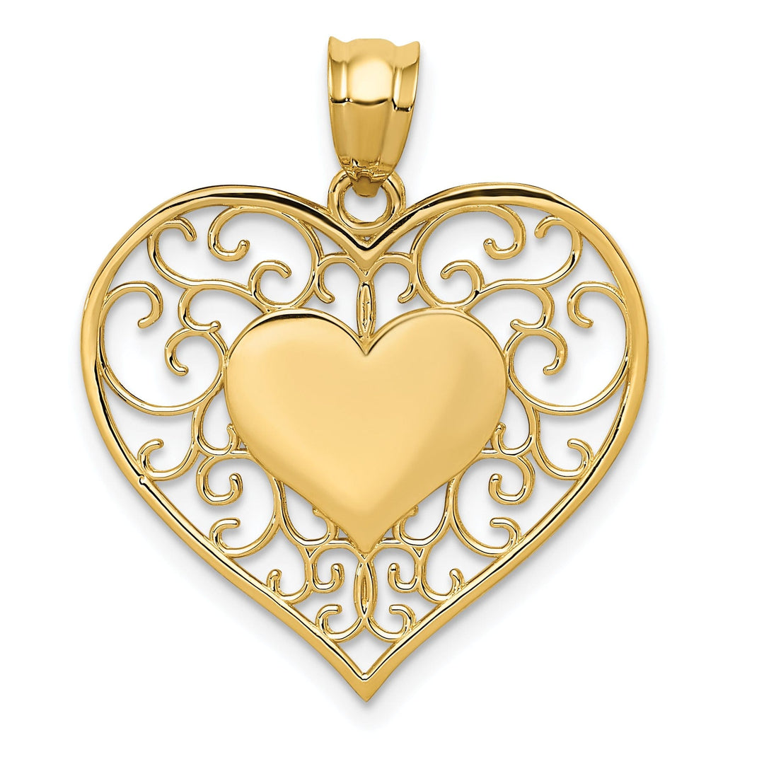 14k Yellow Gold Heart in Heart Filigree Pendant