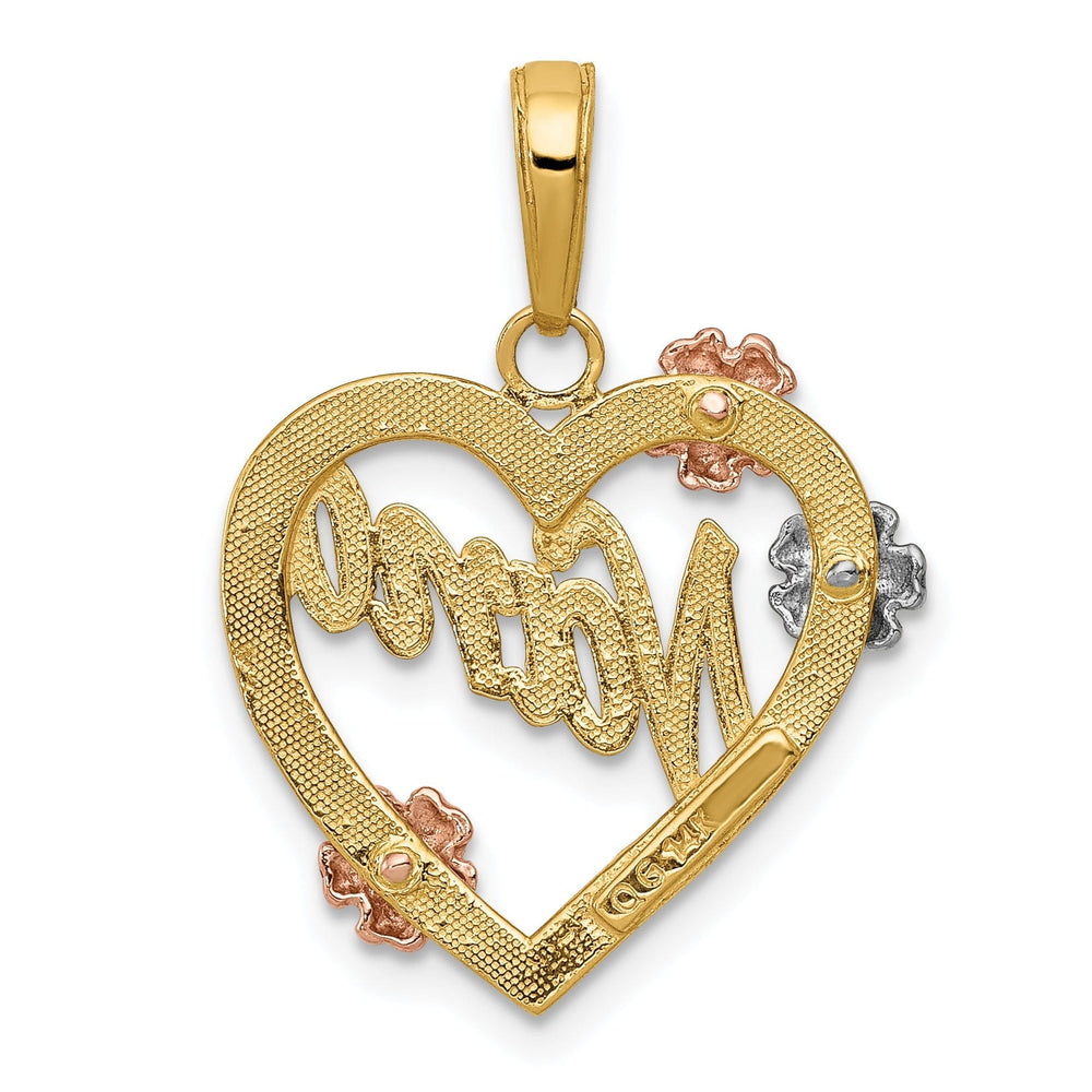 14K Tri Color Gold Polished Finish NANA in Heart Shape Flowers Design Charm Pendant