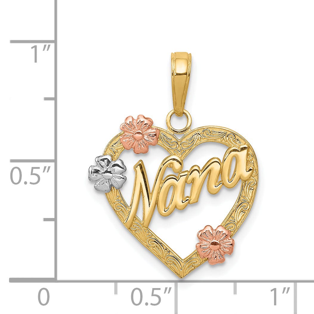 14K Tri Color Gold Polished Finish NANA in Heart Shape Flowers Design Charm Pendant