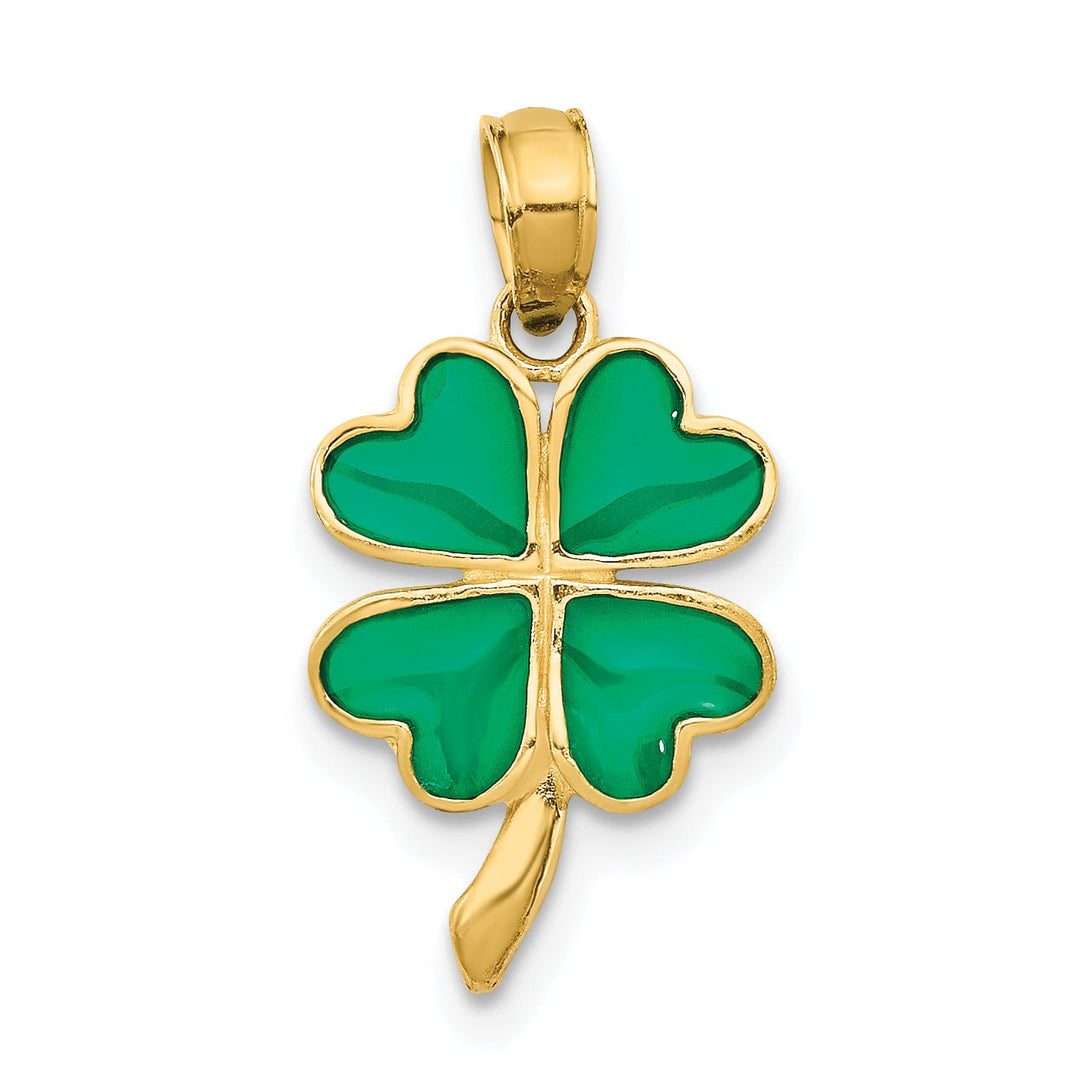 14k Yellow Gold Solid Open Back Solid Polished Green Enameled Finish 4-leaf Clover Charm Pendant