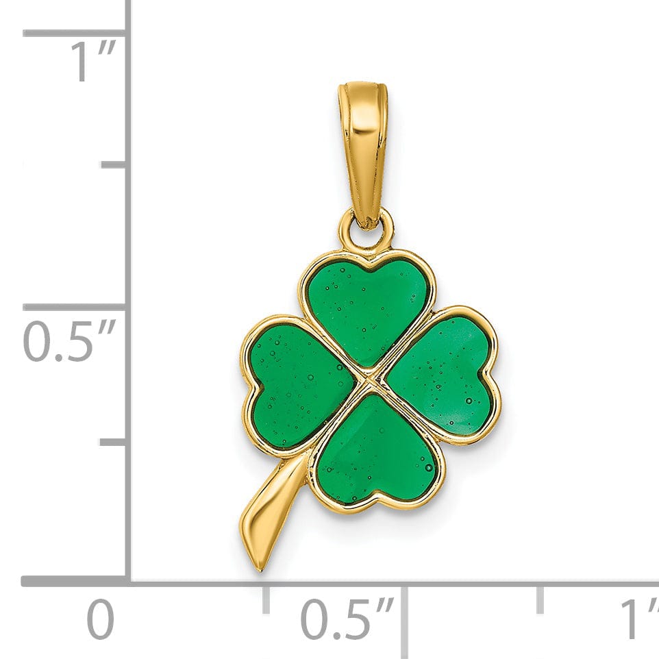 14k Yellow Gold Solid Open Back Polished Green Enameled Finish 4-leaf Clover Charm Pendant