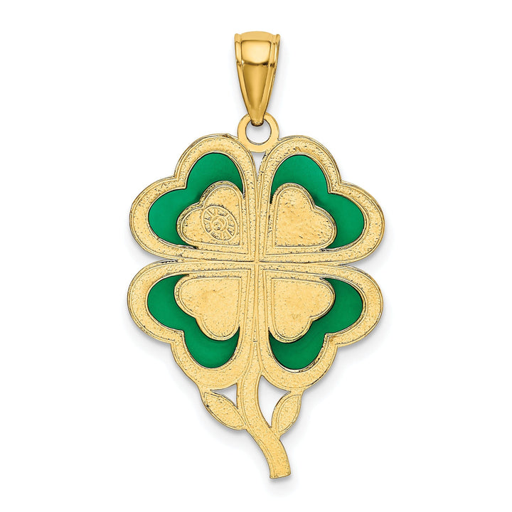 14k Yellow Gold Solid Open Back Polished Green Enameled Finish With Hearts Design 4-leaf Clover Charm Pendant
