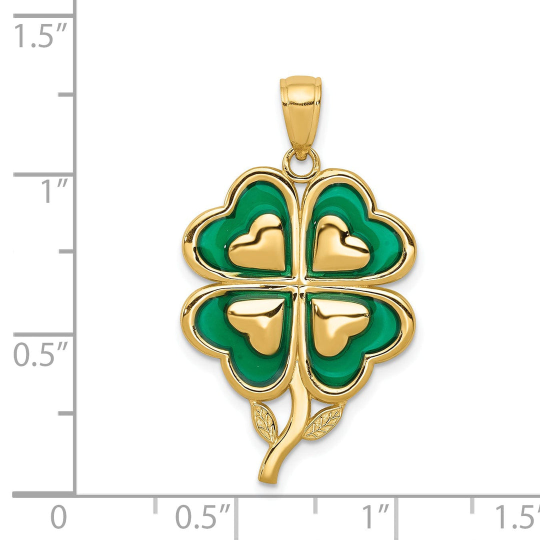 14k Yellow Gold Solid Open Back Polished Green Enameled Finish With Hearts Design 4-leaf Clover Charm Pendant
