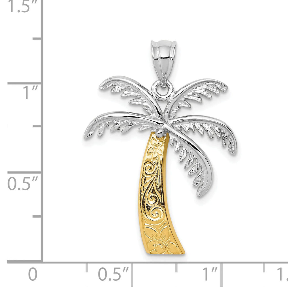 14k Two Tone Gold Solid Polished Engrave Finish Design Palm Tree Charm Pendant