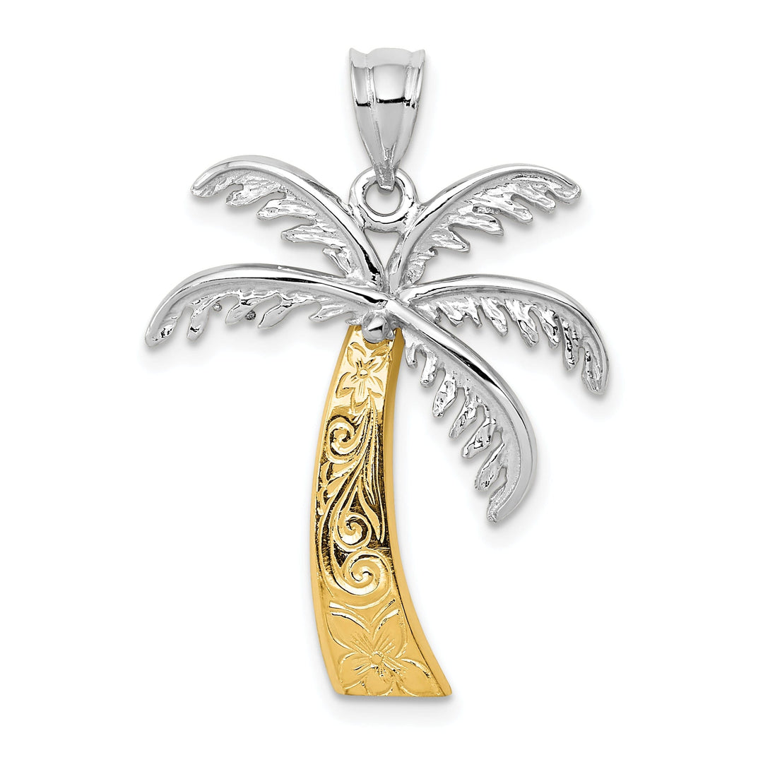 14k Two Tone Gold Solid Polished Engrave Finish Design Palm Tree Charm Pendant