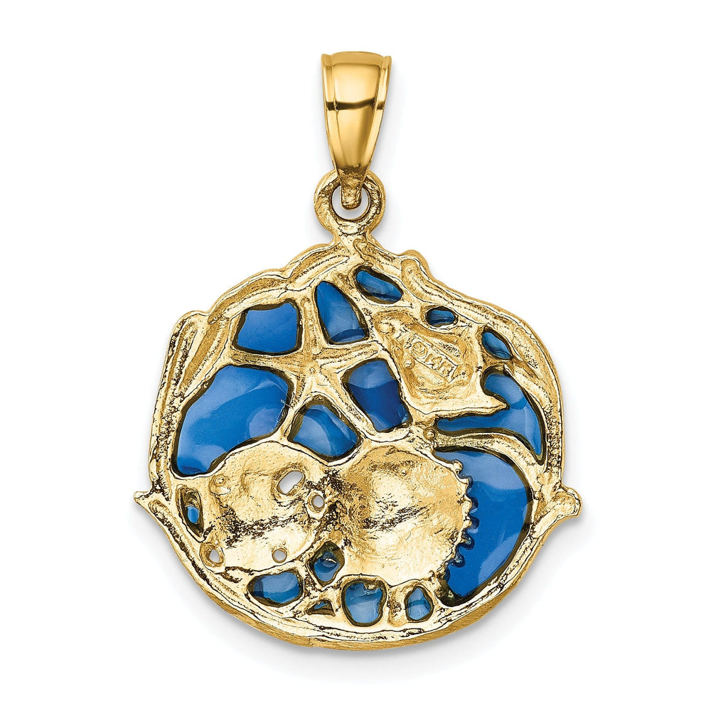 14K Yellow Gold Solid Textured Polished Blue Enameled Finish Ocean Sea Shell Cluster Charm Pendant