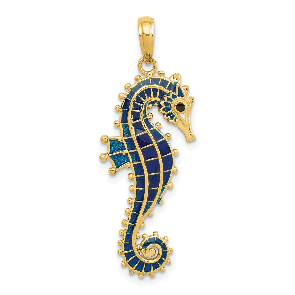 14k Yellow Gold Solid 3-D Texture Polished Blue Enameled Finish Seahorse Pendant