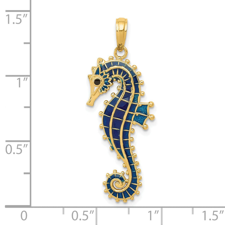 14k Yellow Gold Solid 3-D Texture Polished Blue Enameled Finish Seahorse Pendant
