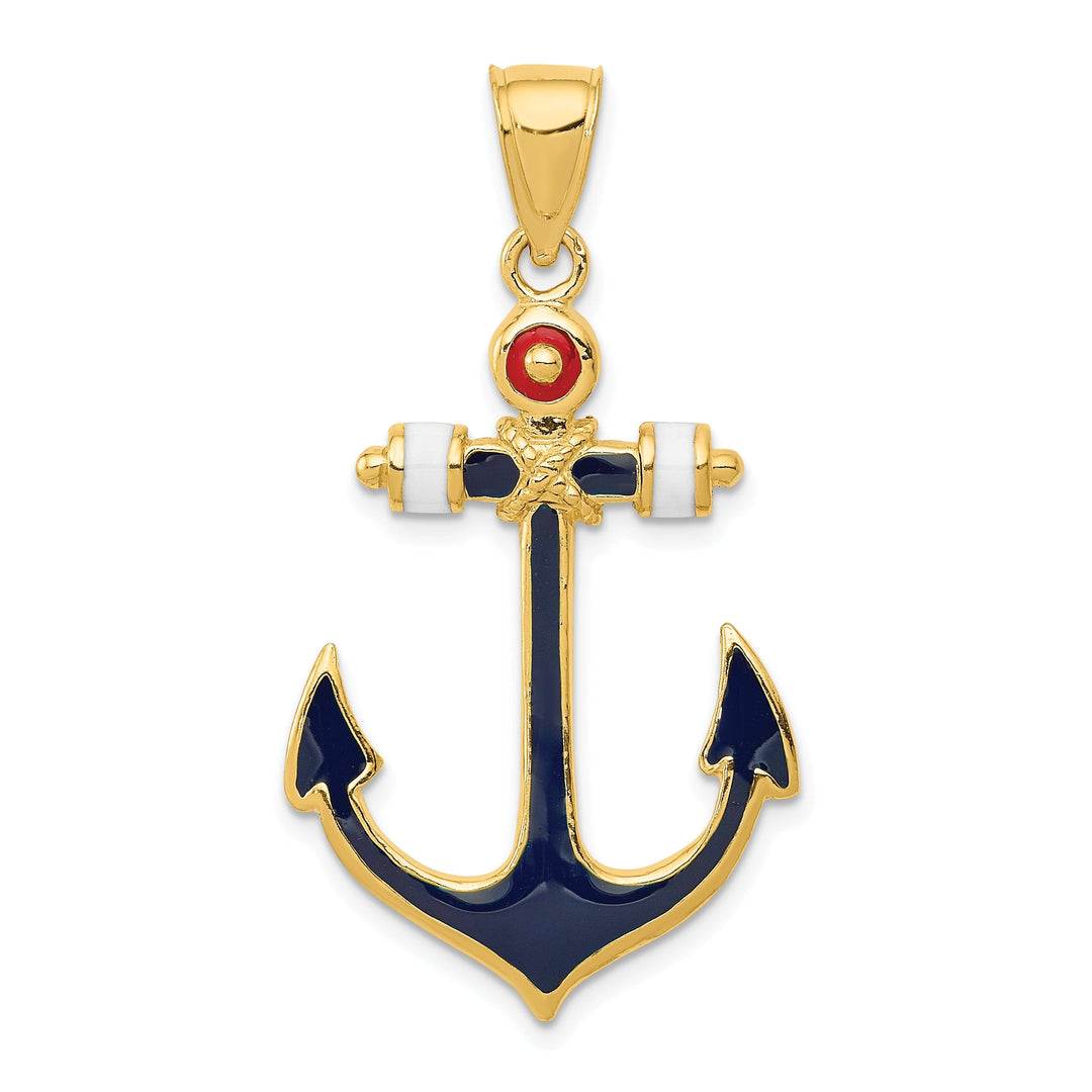 14k Yellow Gold Red White Blue Anchor Pendant