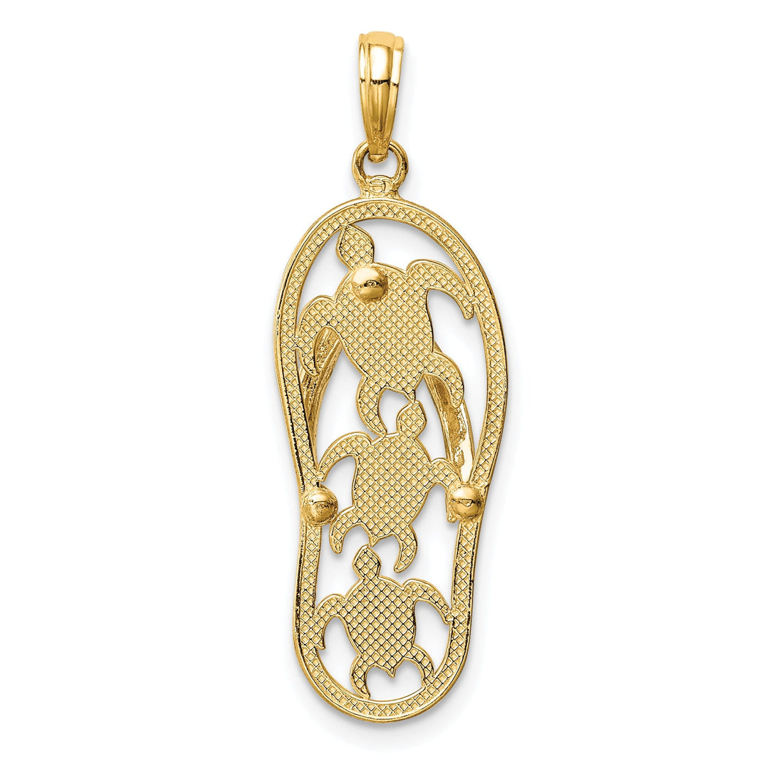 14K Two Tone Gold Solid Polished Textured Finish Triple Sea Turtle Cut Out Design Flip-Flop Beach Sandle Charm Pendant