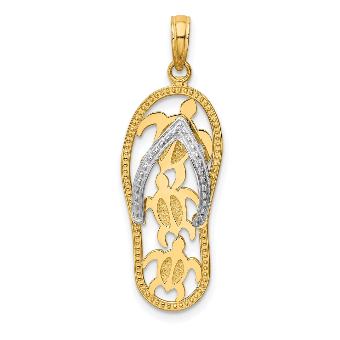 14K Two Tone Gold Solid Polished Textured Finish Triple Sea Turtle Cut Out Design Flip-Flop Beach Sandle Charm Pendant