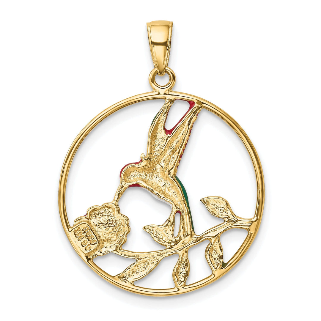 14K Yellow Gold Solid Multi Color Enamel Polished Finish Hummingbird with Flower Design in Round Frame Shape Circle Pendant